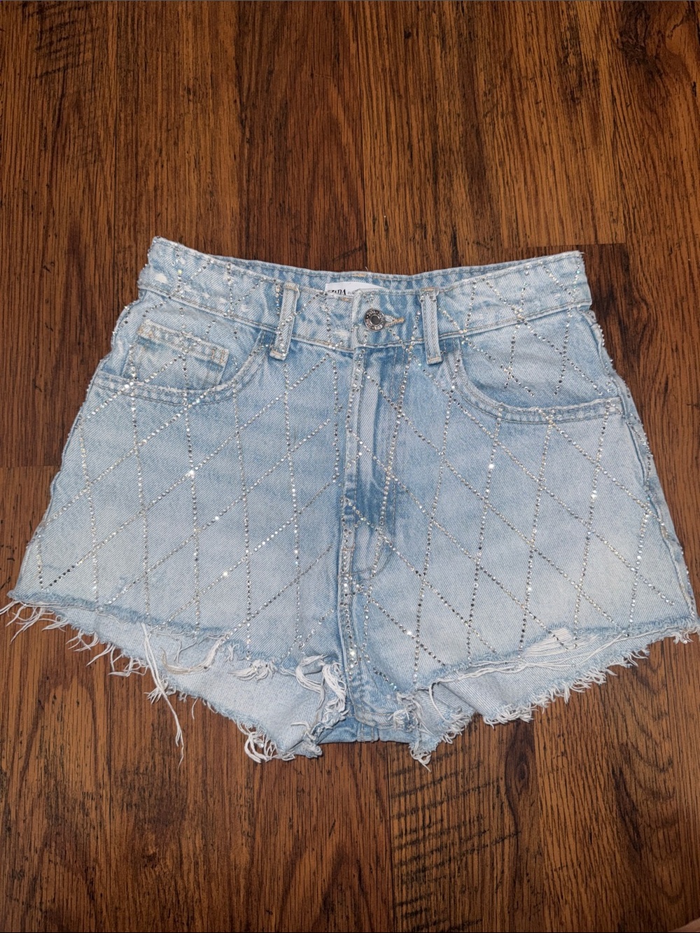 Zara Light Blue Denim Shorts with Rhinestone Diamond Grid 18.T